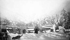Pueblo of the Seven Fires under a blanket of snow during construction