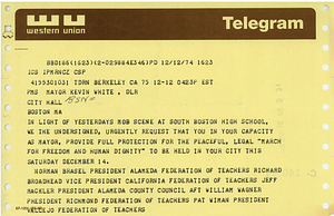Telegram from leaders of California branches of the American Federation of Teachers to Mayor Kevin H. White