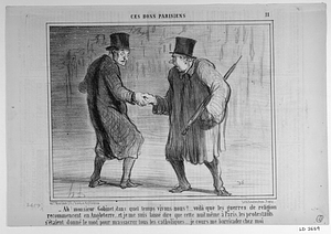 - Ah! monsieur Gobinet, dans quel temps vivons-nous!!.... voilà que les guerres de religion recommencent en Angleterre..... et je me suis laissé dire que cette nuit même à Paris, les protestants s'étaient donné le mot pour massacrer tous les catholiques.... je cours me barricader chez moi.