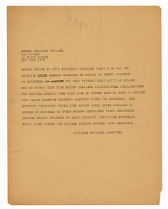 Draft telegram from Citizens National Committee for Sacco and Vanzetti to Oswald Garrison Villard, circa August 1927