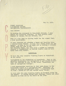 A copy of a letter from Leslie Mann to the Springfield College Alumni Secretary (May 22, 1951)