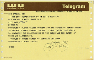 Telegram from United States Congressman Charles B. Rangel to Mayor Kevin H. White