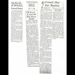 Photocopies of newspaper articles about construction of moderate income housing, radio program "What's Right With Boston," and Boston's All-America City award