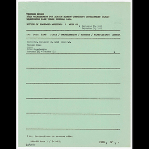 Agenda, minutes, attendance list and memorandum for Citizens Urban Renewal Action Committee (CURAC) meeting on September 26, 1962