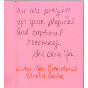 Card from a woman at the Western Massachusetts Correctional Alcohol Center