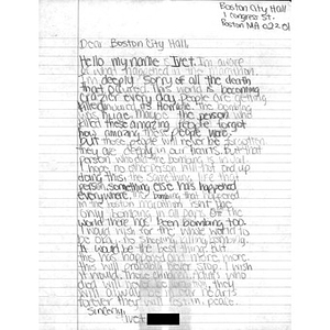 Letter to the city of Boston from a student at Jasper Junior High School (Jasper, Texas)