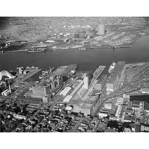 Charlestown Waterfront and area, foreground, terminal stores, ships, Chelsea background, industrial, Boston, MA