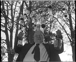 Mick "the Bullet" Smith with the bottles he hangs high up in his trees at his home on Billy's Road, Newry. He did this for people to admire
