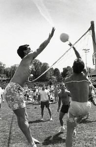 Students playing outdoor volleyball at Boston College