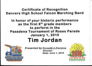 Certificate recognizing the 8th Graders who marched with DHS band in Rose Bowl