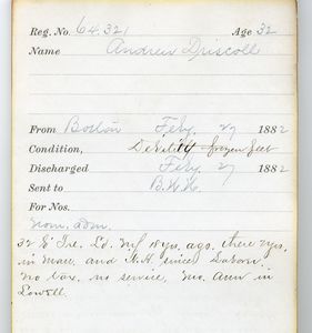 Tewksbury Almshouse Intake Record: Driscoll, Andrew