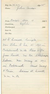 Tewksbury Almshouse Intake Record: Condon, John