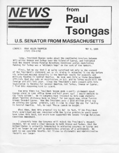 News from Paul Tsongas: Comments on President Reagan's speech about tensions between Greece and Turkey over Cyprus and unwillingness to cut aid to Turkey