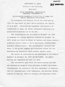 TA-W-2667 Davis Sportswear, Incorporated Lawrence, Massachusetts: Certification regarding eligibility to apply for worker adjustment assistance