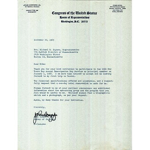 Letter from Congressman John Conyers, Jr. to Reverend Michael E. Haynes accepting his invitation to be the primary speaker for the 1966 New Year's Day Annual Emancipation Day Service in Boston