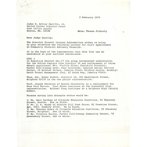 Letter, Judge Garrity, February 2, 1976.