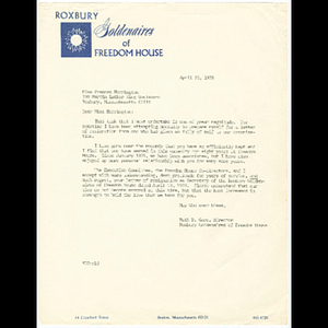 Letter from Ruth Gore to Frances Harrington about resignation as Roxbury Goldenaires recording secretary