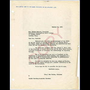 Letter from Eva Jordan and Muriel Snowden to Mrs. Julius Sundook of the Sisterhood Congregation Adath Jeshrun about attending Coffee Hour