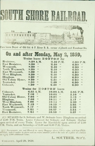 South Shore Railroad schedule, Cohasset, Mass., April 29, 1859