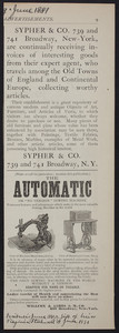 Advertisement for The Automatic or No Tension Sewing Machine, Willcox & Gibbs S.M. Co., 658 Broadway, New York, New York, June 1881