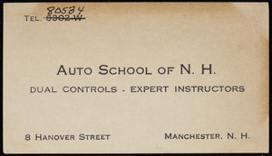 Trade card for the Auto School of N.H., 8 Hanover Street, Manchester, New Hampshire, undated