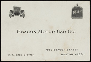 Trade card for the Beacon Motor Car Co., 660 Beacon Street, Boston, Mass., undated