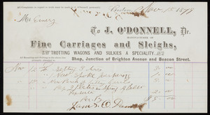 Billhead for J. O'Donnell, Dr., manufacturer of fine carriages and sleighs, shop, junction of Brighton Avenue and Beacon Street, Boston, Mass., dated November 15,1879