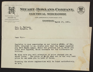 Letterhead for Stuart-Howland Company, electrical merchandise, corner Congress & Purchase Streets, Boston, Mass., dated March 17, 1921