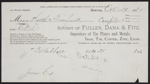 Billhead for Fuller, Dana & Fitz, importers of tin plates and metals, 110 North Street, Boston, Mass., dated October 24, 1884