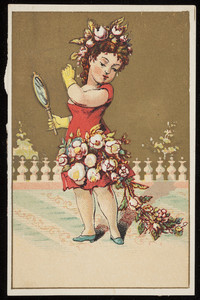 Trade card, girl in flower dress and headdress holding a hand mirror, location unknown, undated