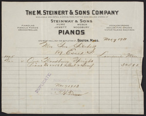 Billhead for The M. Steinert & Sons Company, pianos, Steinert Hall, 162-168 Boylston Street, Boston, Mass., dated November 7, 1911