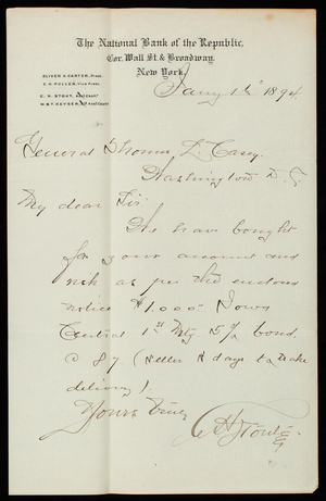 Charles H. Stout/National Bank of the Republic to Thomas Lincoln Casey, January 16, 1894