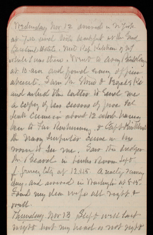 Thomas Lincoln Casey Notebook, October 1890-December 1890, 51, Wednesday Nov 12 arrived in N York