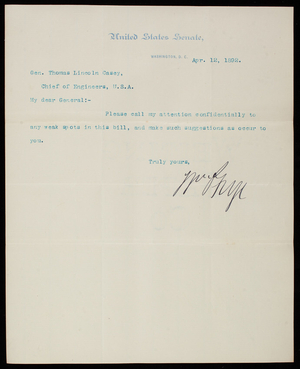 William P. Frye to Thomas Lincoln Casey, April 12, 1892