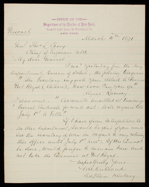 W. A. Kirkland to Thomas Lincoln Casey, March 4, 1891