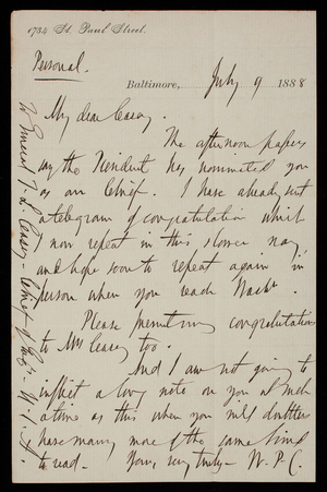 [William] P. Craighill to Thomas Lincoln Casey, July 9, 1888