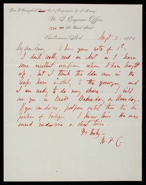 [William P. Craighill] to Thomas Lincoln Casey, August 3, 1888