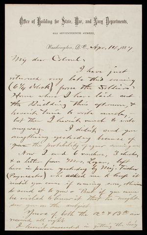 Bernard R. Green to Thomas Lincoln Casey, April 14, 1887