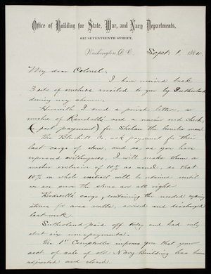 Bernard R. Green to Thomas Lincoln Casey, September 1, 1884