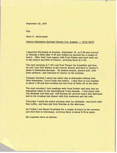 Memorandum from Mark H. McCormack concerning his trips to Denver, Steamboat Springs, and Los Angeles from September 14 to 19, 1975