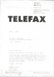 Telex printout from Helene Rang to Mark H. McCormack
