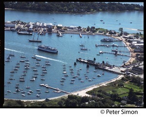 Aerial view of the harbor at Vineyard Haven, Marthas Vineyard, with the M/V Islander nearing the dock