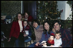 Commune members in front of a Christmas tree, Montague Farm commune