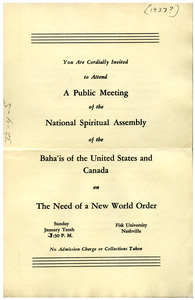 Invitation to a public meeting of the National Spiritual Assembly of the Bahá'ís of the United States and Canada on the need of a new world order