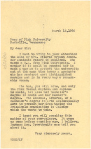 Letter from W. E. B. Du Bois to the Dean of Fisk University