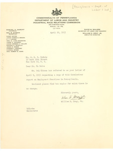 Letter from Pennsylvania Department of Labor and Industry to W. E. B. Du Bois