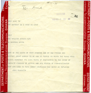 Telegram from Jomo Kenyatta to Mrs. William Du Bois