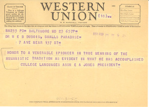 Telegram from College Languages Association to W. E. B. Du Bois