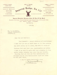 Letter from Imperial Lodge No. 127, Order of Elks, to W. E. B. Du Bois