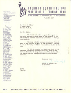 Letter from the American Committee for Protection of Foreign Born to W. E. B. Du Bois